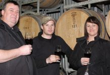 Grape expectations Terry Jongbloed, Scott Gerrard and Lisa Schofield sample a Clyde Park red. Picture: John Conway